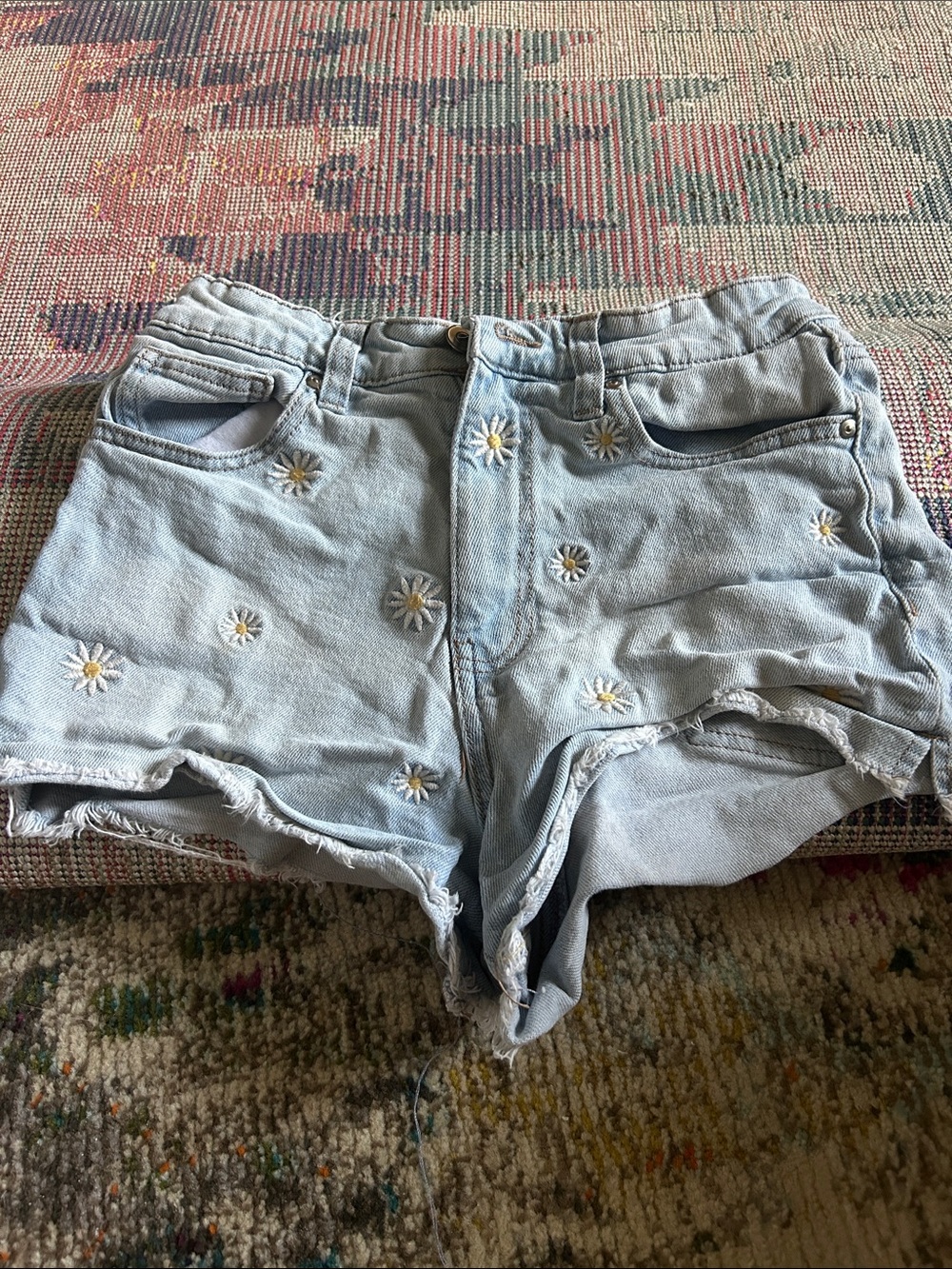 Light Blue Denim Daisy Embroidered Women's Shorts